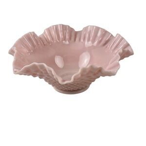 Vintage Pastel Pink Milk Glass Fenton Hobnail Ruffled Edge Candy Bowl Dish Decor
